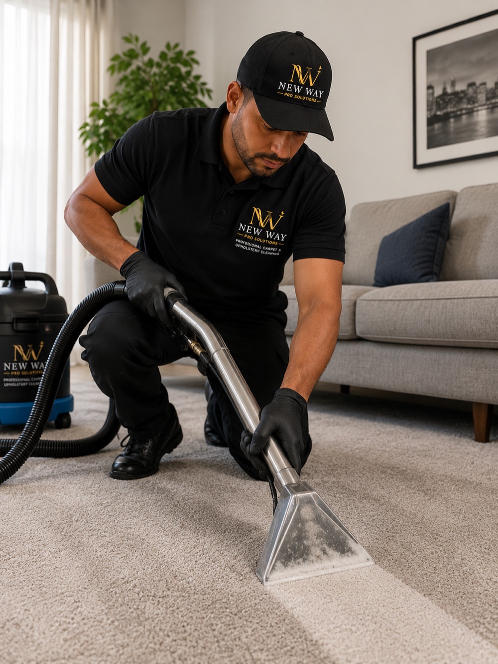 New Way Pro Solutions technician steam cleaning a living-room carpet