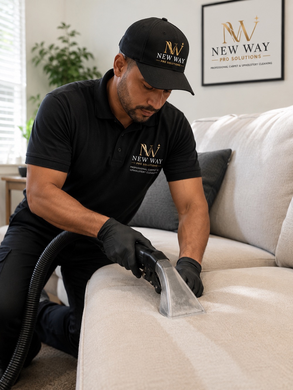 Technician steam cleaning a sofa